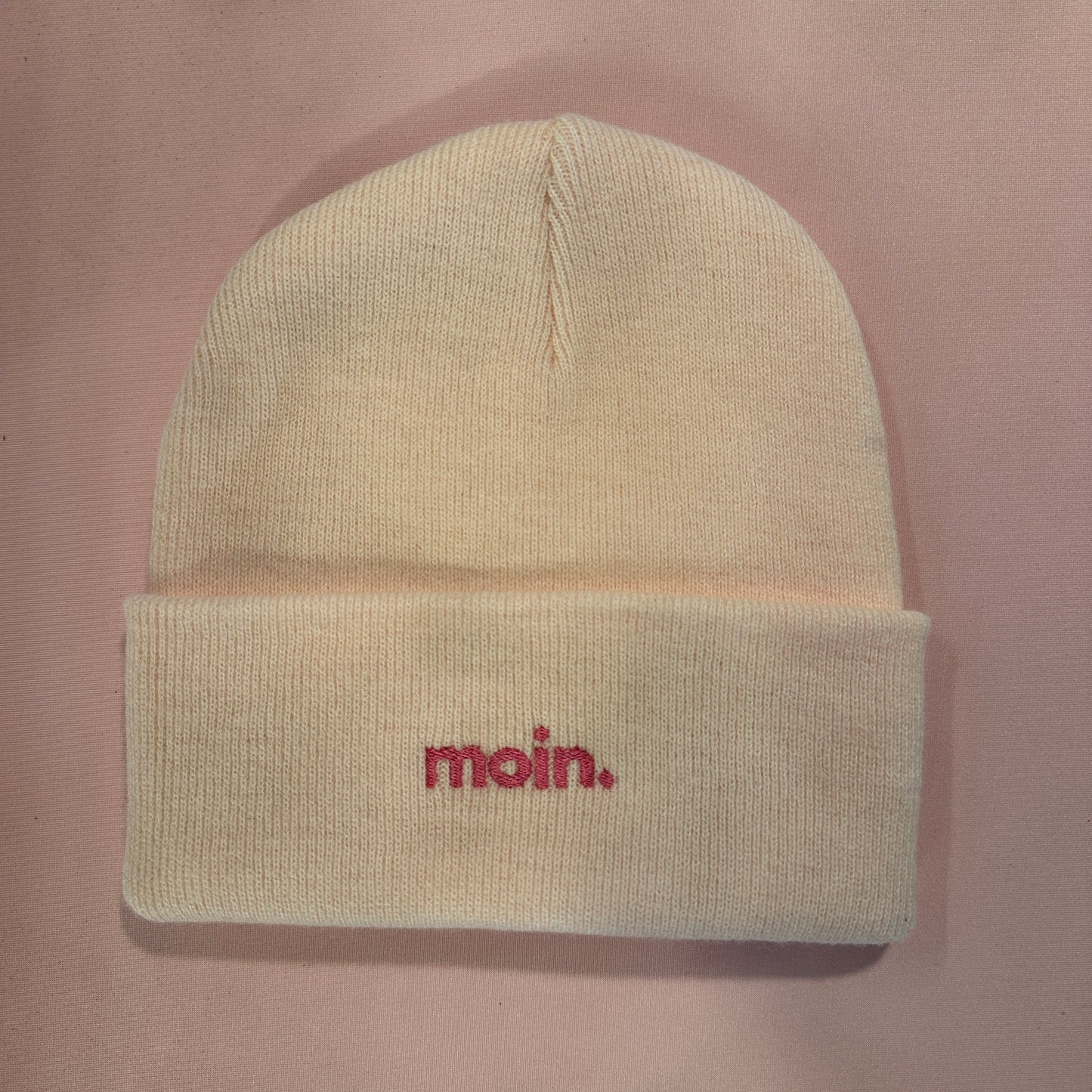 Beanie Mütze in Rosa mit Stick „moin.“