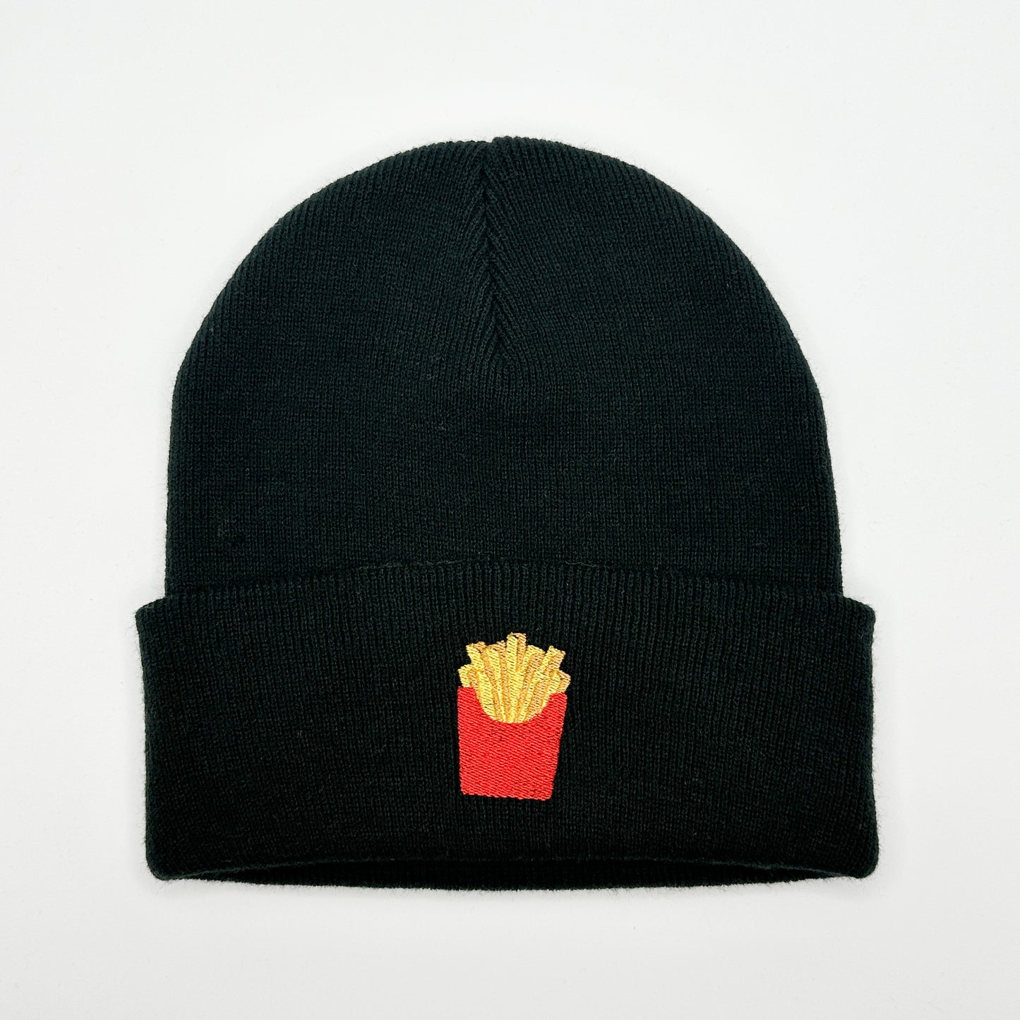 Beanie Mütze in Schwarz mit Stick „Pommes“
