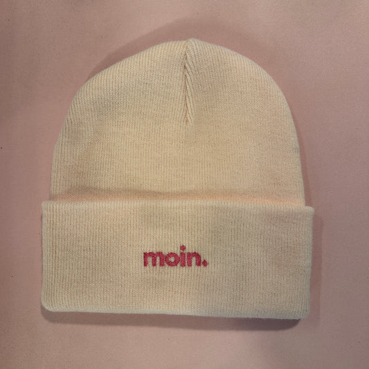 Beanie Mütze in Rosa mit Stick „moin.“