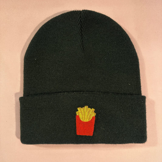 Beanie Mütze in Schwarz mit Stick „Pommes“