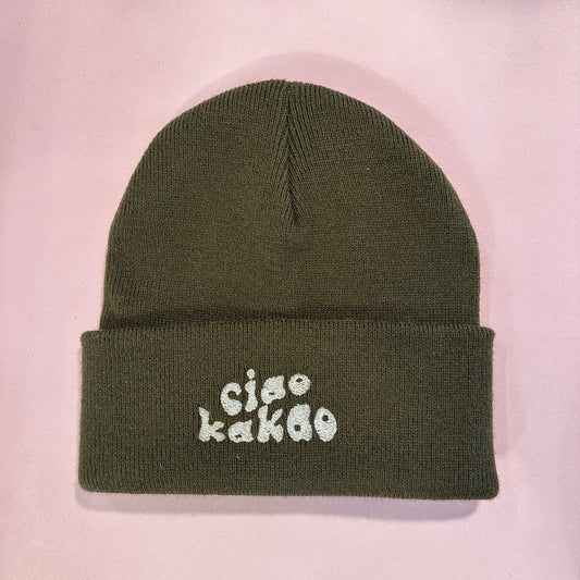 Beanie Mütze in Dunkelbraun mit Stick „Ciao Kakao“