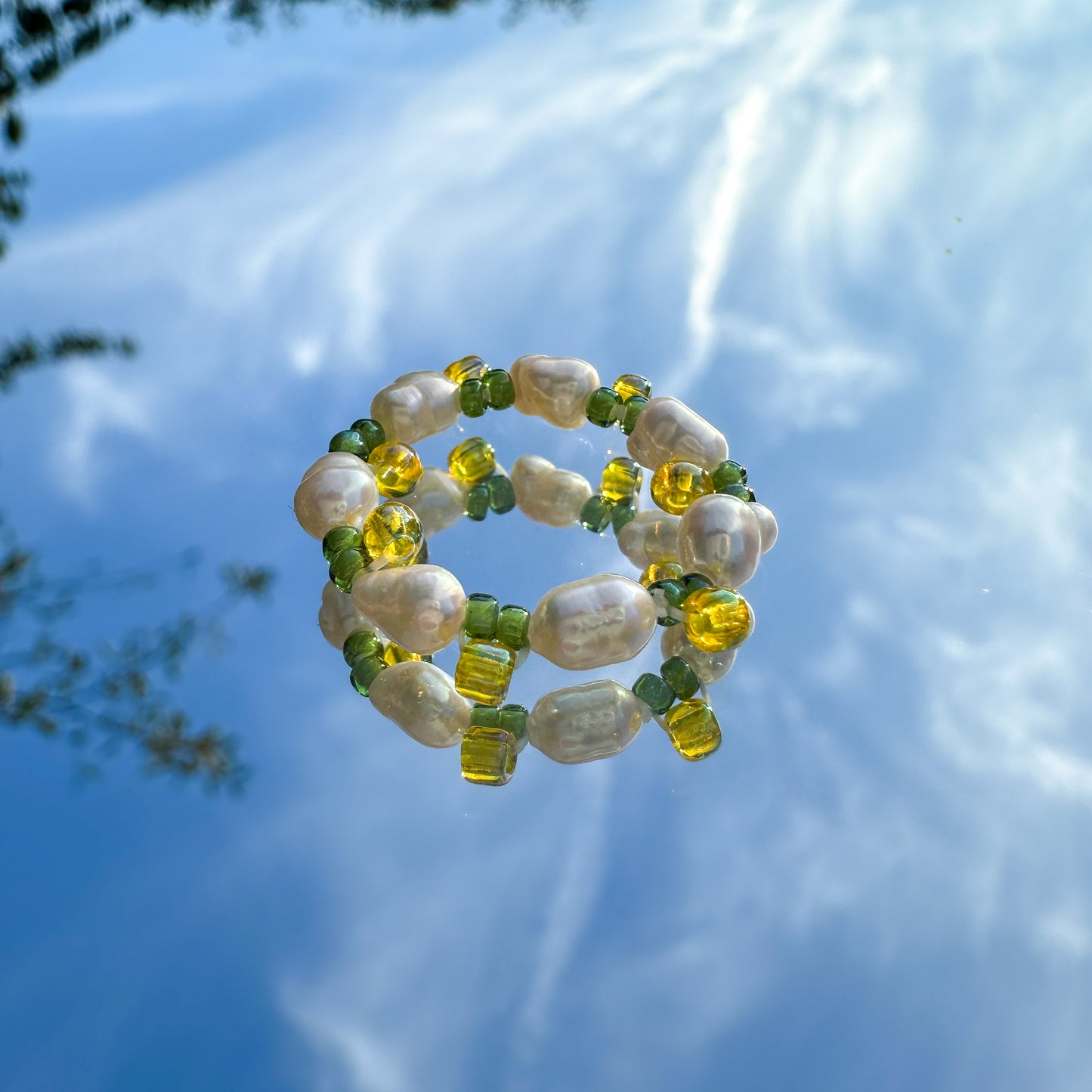 Blumenring "Lemon Pearl" mit Süßwasserperlen und Zitronen