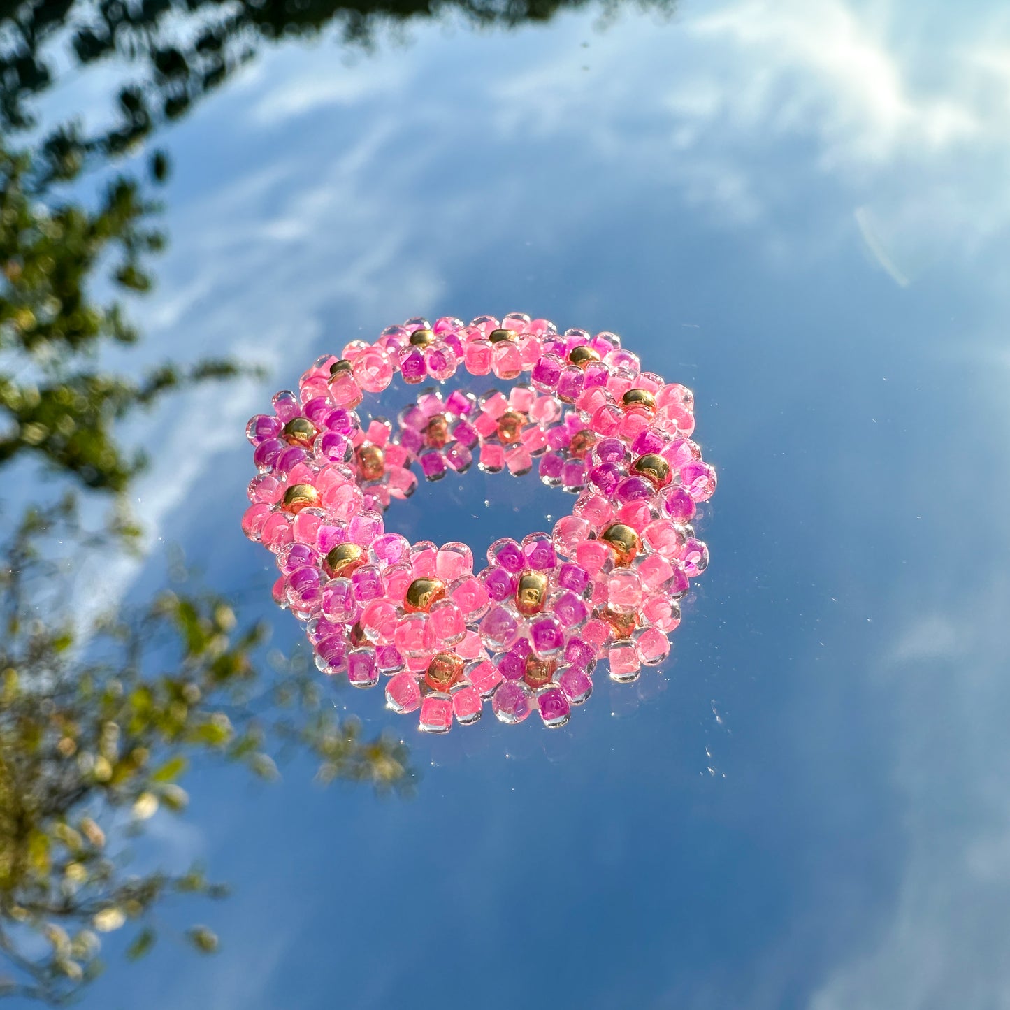 Blumenring "Rosy" aus Glasperlen in Pink und Lila