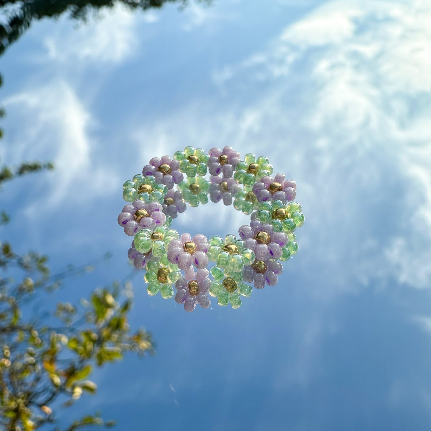 Blumenring "Rosy" aus Glasperlen in Flieder und Mintgrün