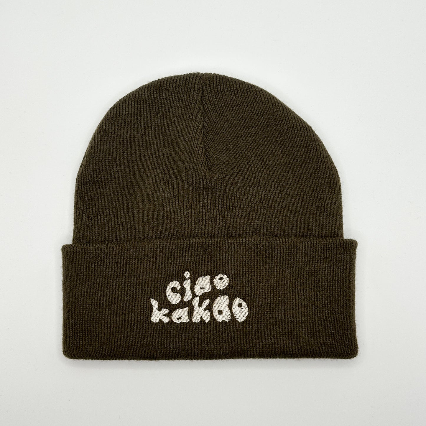 Beanie Mütze in Dunkelbraun mit Stick „Ciao Kakao“