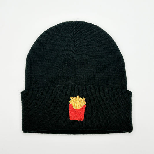 Beanie Mütze in Schwarz mit Stick „Pommes“