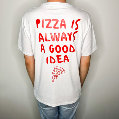 Unisex T-Shirt in Weiß mit Backprint „Pizza is always a good idea“