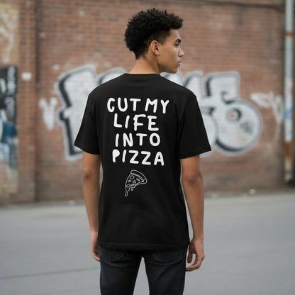 Unisex T-Shirt in Schwarz mit Backprint „Cut my life into Pizza“