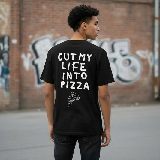 Unisex T-Shirt in Schwarz mit Backprint „Cut my life into Pizza“