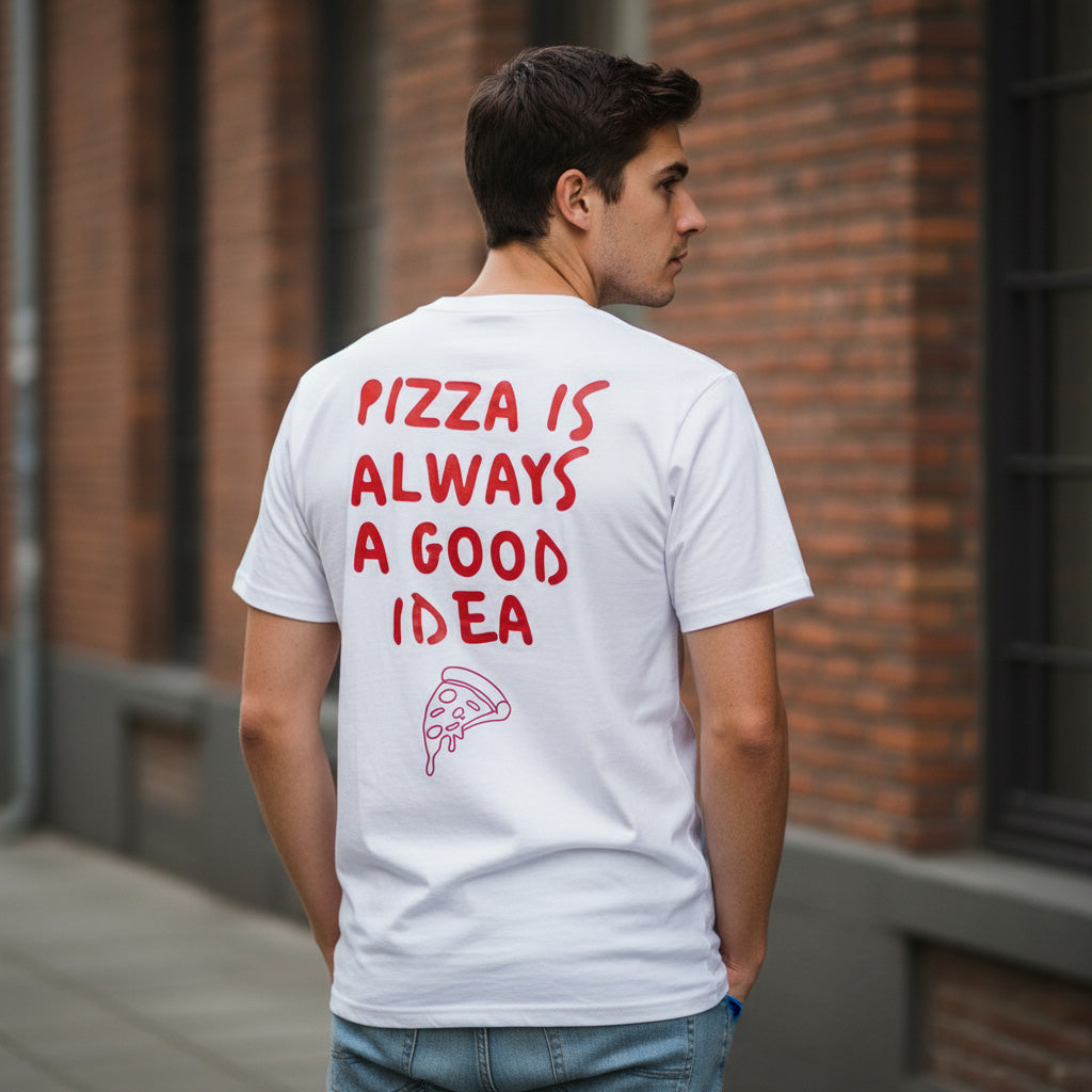 Unisex T-Shirt in Weiß mit Backprint „Pizza is always a good idea“