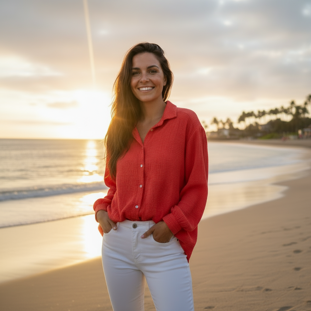 Oversize Musselinbluse "Nora" in Korallenrot – One Size