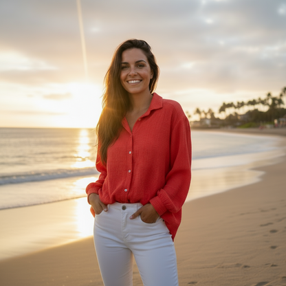 Oversize Musselinbluse "Nora" in Korallenrot – One Size