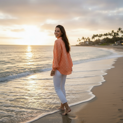 Oversize Musselinbluse "Nora" in Orange mit Herzen – One Size