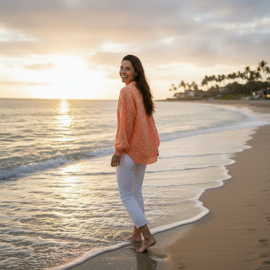 Oversize Musselinbluse "Nora" in Orange mit Herzen – One Size