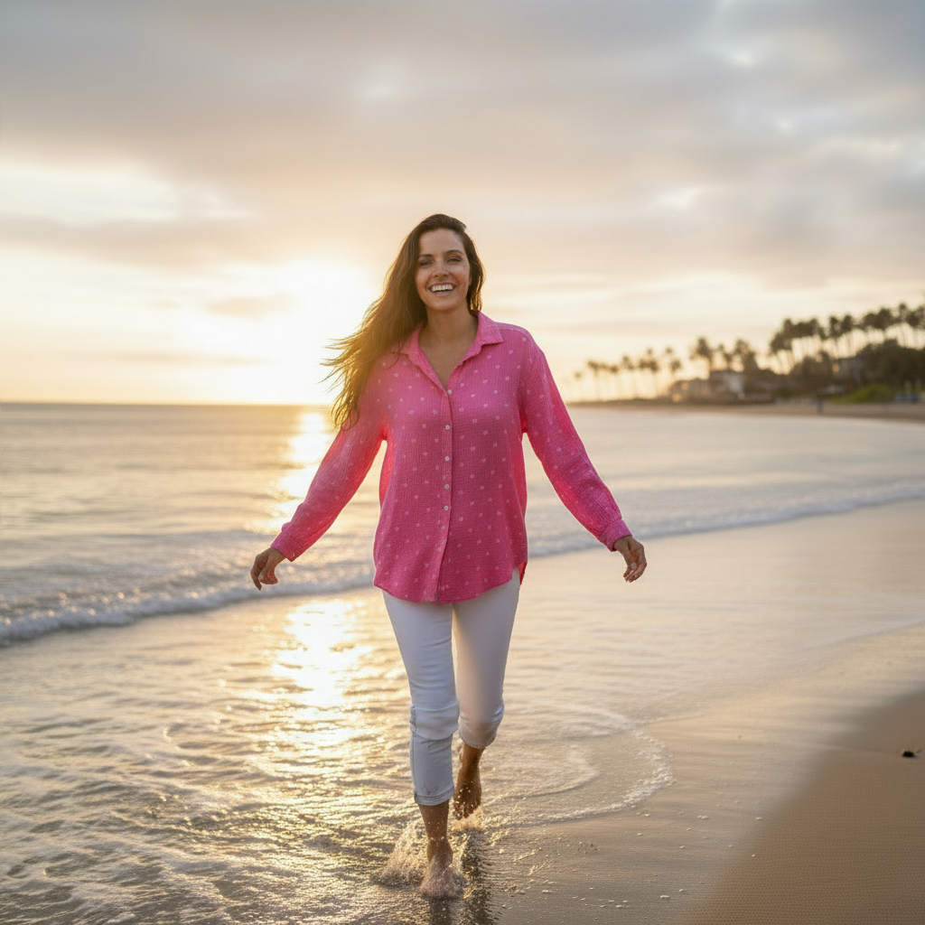 Oversize Musselinbluse "Nora" in Pink mit Herzen – One Size