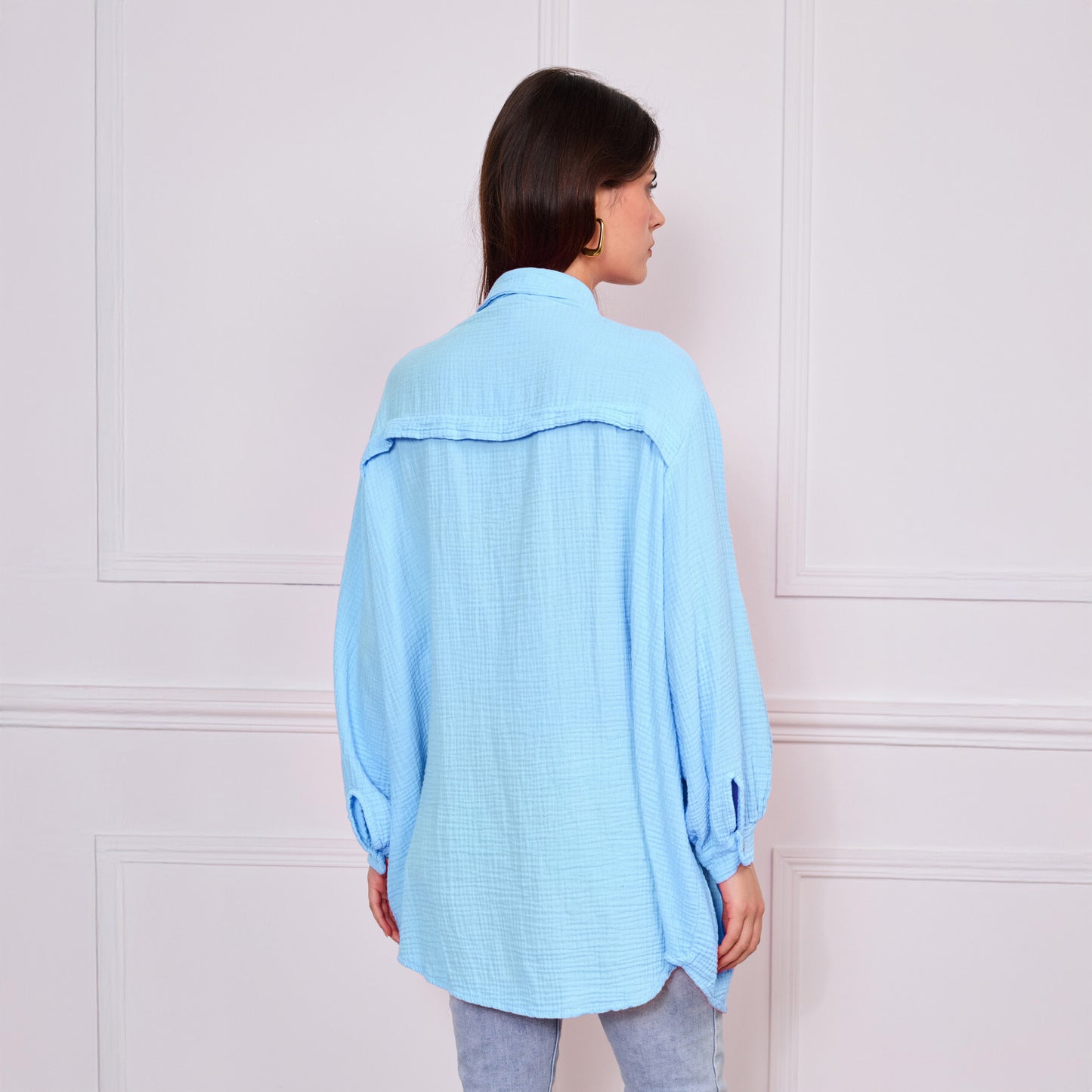 Lange Musselin Bluse Hellblau | Einheitsgröße 36 - 42 | 100% Baumwolle