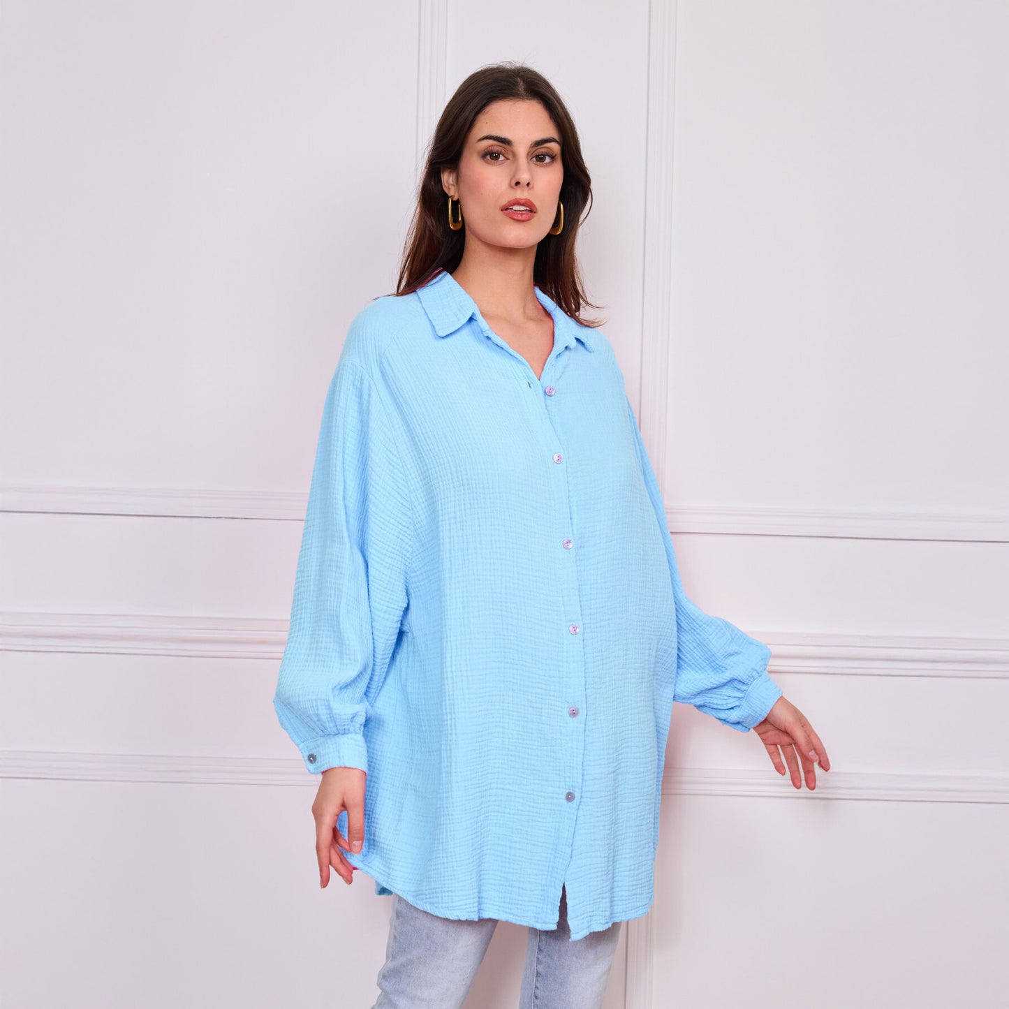 Lange Musselin Bluse Hellblau | Einheitsgröße 36 - 42 | 100% Baumwolle