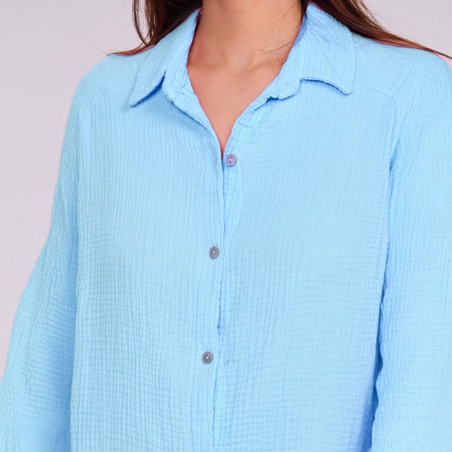 Lange Musselin Bluse Hellblau | Einheitsgröße 36 - 42 | 100% Baumwolle