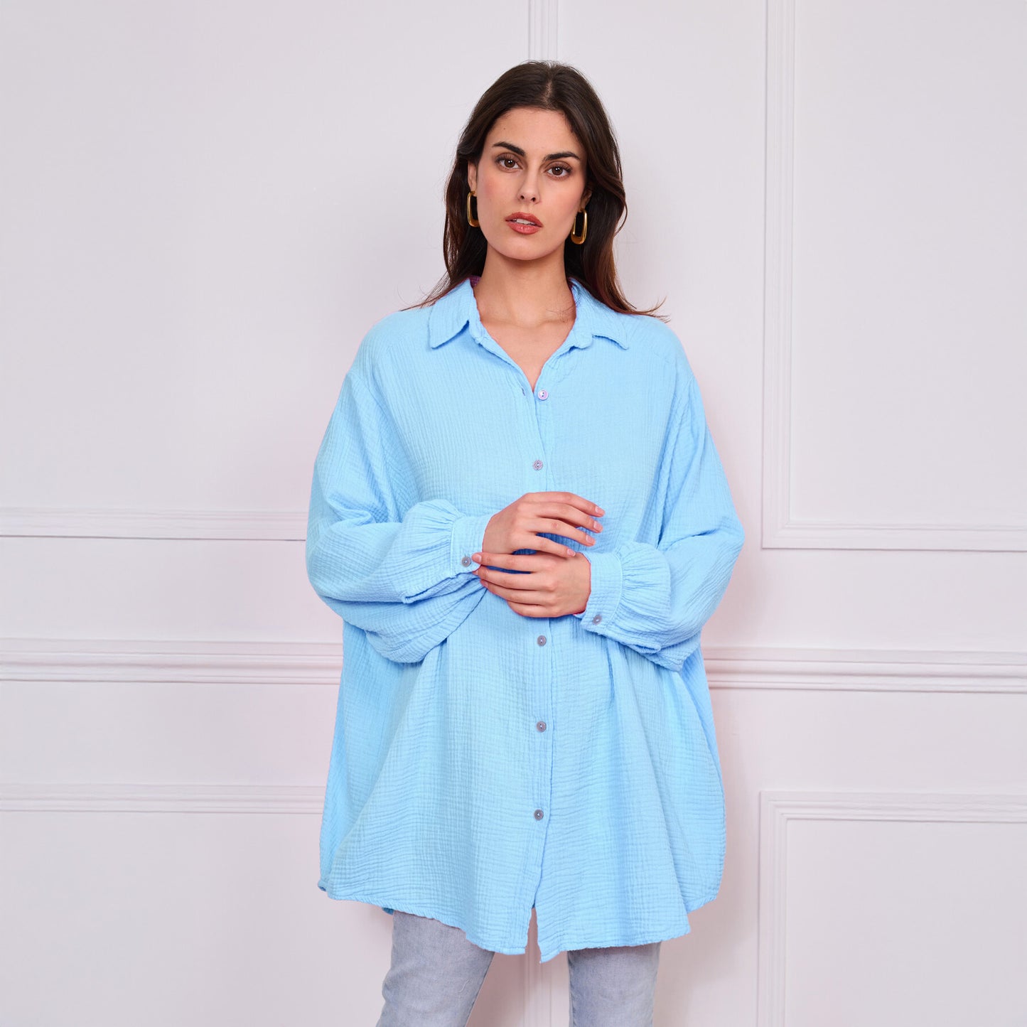 Lange Musselin Bluse Hellblau | Einheitsgröße 36 - 42 | 100% Baumwolle