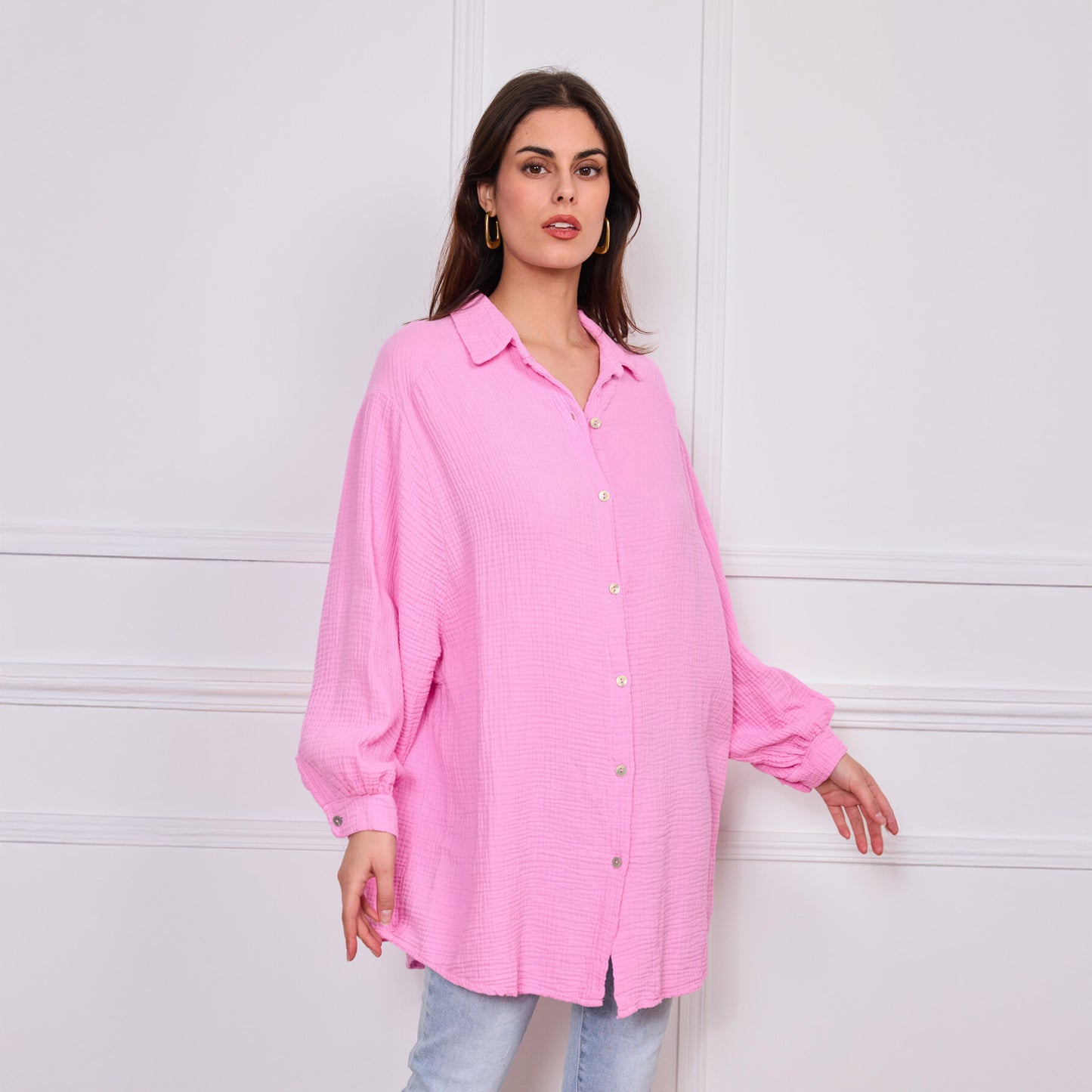Lange Musselin Bluse Pink | Einheitsgröße 36 - 42 | 100% Baumwolle